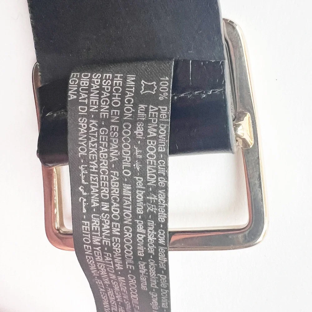 Zara Black Leather Wide Belt Silver Buckle Faux Crocodile Embossed‎ Size Small